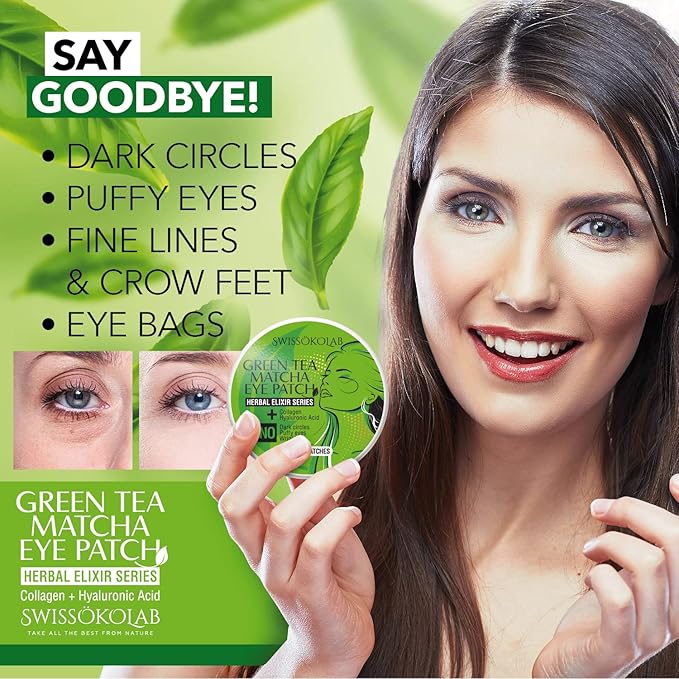 SWISSÖKOLAB Under Eye Patches For Puffy Eyes 24k Gold Eye Mask Dark Circles And Puffiness Collagen Eye Gel Pads Moisturizing & Reducing Wrinkles Anti-Aging Hyaluronic Acid (Green Tea)-Velvo Beauty