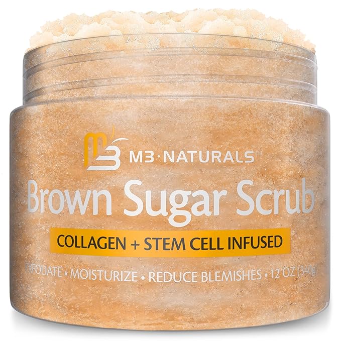 Brown Sugar Scrub Face Foot & Body Exfoliator Infused with Collagen and Stem Cell Exfoliating Salt Body Scrub for Toning Skin Cellulite Skin Care, 12oz by M3 Naturals-Velvo Beauty