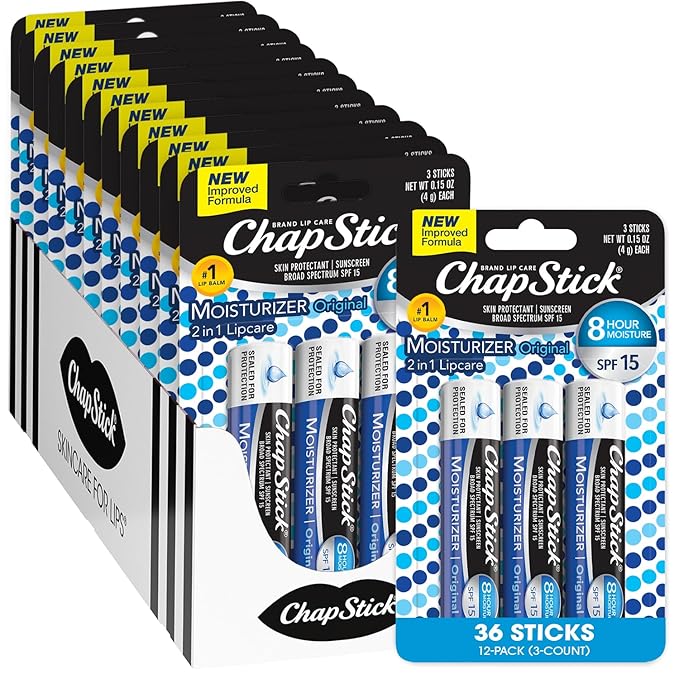 ChapStick Lip Moisturizer, Original 2-in-1 Lipcare SPF 12 3-Packs (12 Sets/36 Tubes) – Bulk Lip Balm, New Formula, 0.15 Oz Ea-Velvo Beauty