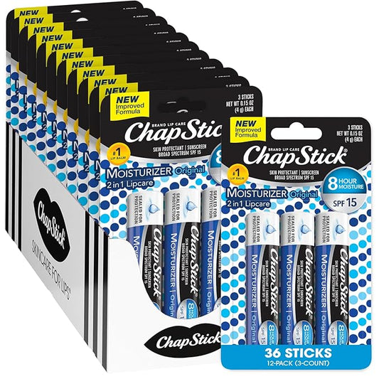 ChapStick Lip Moisturizer, Original 2-in-1 Lipcare SPF 12 3-Packs (12 Sets/36 Tubes) – Bulk Lip Balm, New Formula, 0.15 Oz Ea-Velvo Beauty
