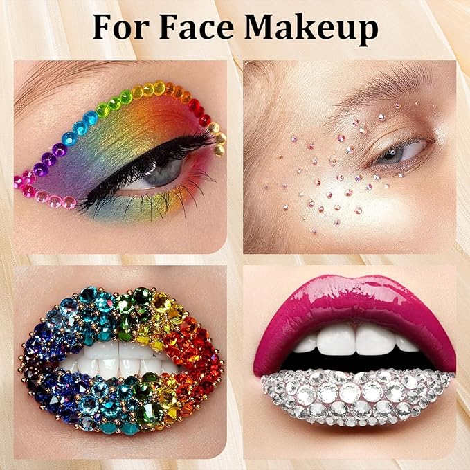 Colorful Face Gems for Makeup Set, Flatback Gorgeous AB+Clear+Mixed-Colored Glass Gems with Picker Pencil, Makeup Glue, Dual-End Dotting Tool and Tweezer for Eye Body Hair Make-up and Nail Art Deco-Velvo Beauty