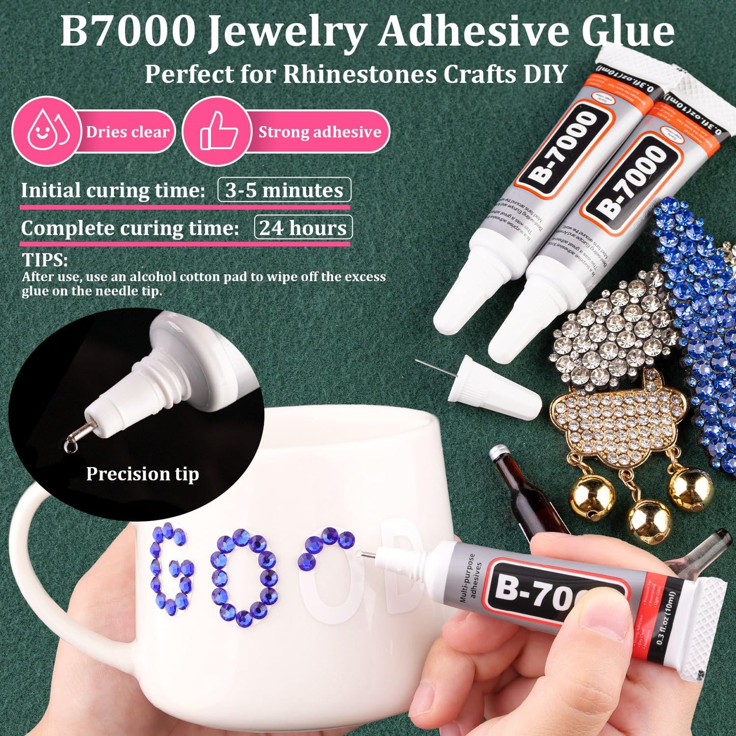 Resin Rhinestones for Crafting with B7000 Jewelry Glue, 1 Box Royal Blue Flatback Crystals with 3Pcs 10ml Glue for Bedazzling Crafts DIY Nail Art Makeup，Non Hotfix Gems for Clothing Shoes-Velvo Beauty