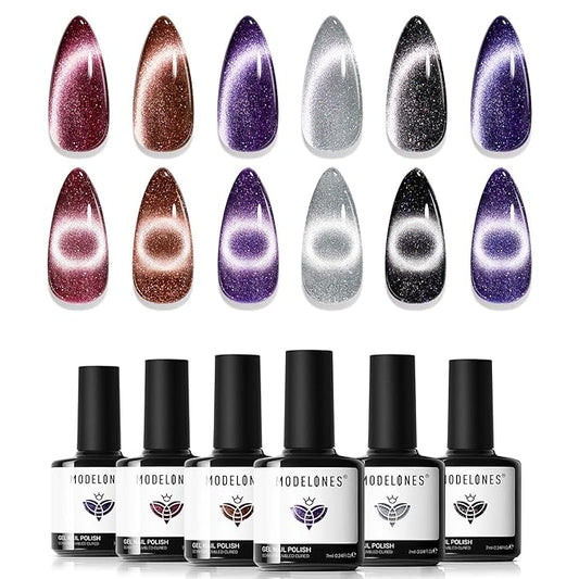 modelones Cat Eye Gel Nail Polish Set, 6 Colors 9D Glassy Cat Eye Glitter Gel Polish Black Red Purple Blue Silver Brown Nail Polish All Seasons with Magnet Soak Off Led DIY Salon Gift-Velvo Beauty