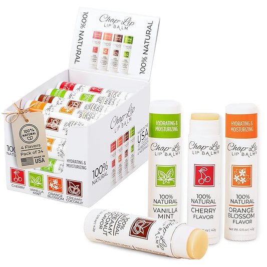 100% Natural Lip Balm Set - Hydrating and Moisturizing Beeswax Natural 4 Flavor Assortment - Lip Moisturizer for Dry Lips - Cocoa Butter - Petroleum Free Pack of 24-Velvo Beauty