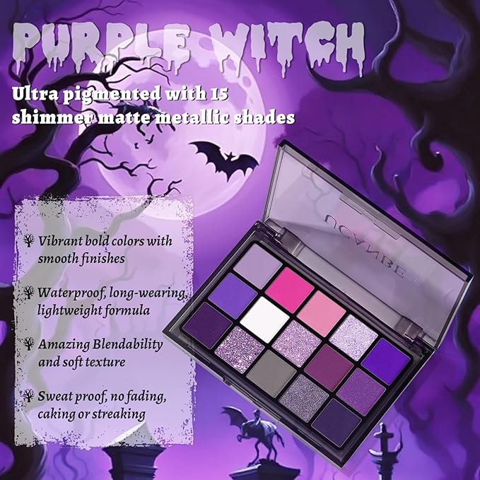 UCANBE Purple Eyeshadow Makeup Palette, 15 Colors Dark Smokey Shimmer Matte Metallic Glitter Eye Shadow Pallet, Violet Lavender Pink Make Up Kit for Cosplay Halloween Ursula Witch Costume Parties-Velvo Beauty