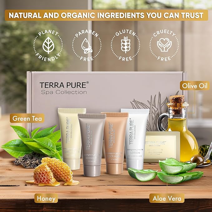 Terra Pure Spa Collection Amenity & Accessory Kit |1 oz Travel Size Shampoo, Conditioner, Lotion, Body Wash, 2 Soap Bars, Shave & Dental Sets, Make-Up Remover Wipes, & Vanity Kit | 15 sets/case-Velvo Beauty
