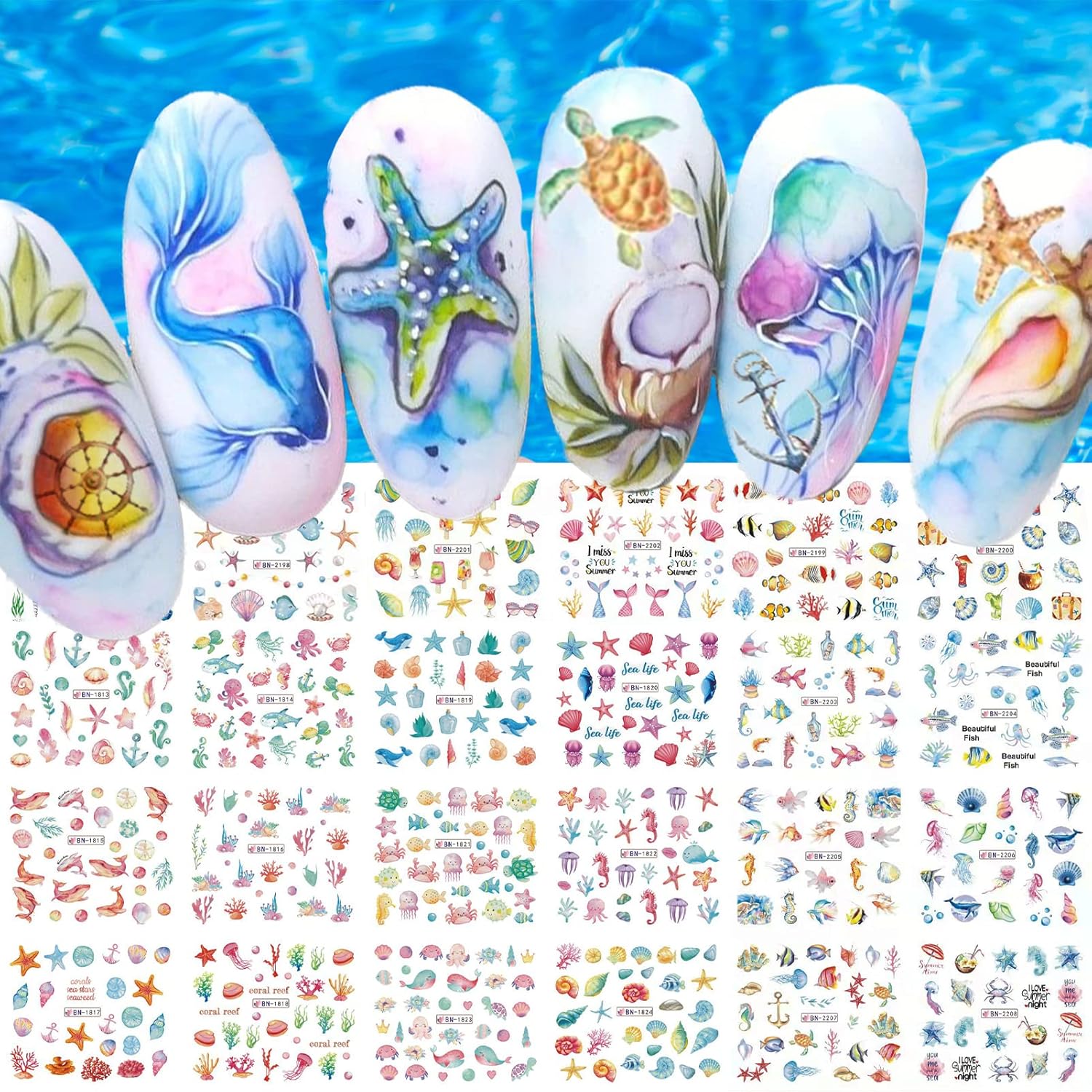 36 Sheets Summer Nail Art Stickers, Ocean Anchor Water Transfer Nail Decals, Shark Seashell Sea Turtle Design DIY Manicure Decorations for Girls Women-Velvo Beauty