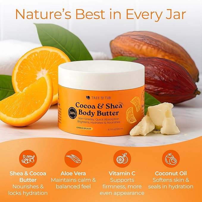 Tree to Tub Shea Body Butter for Dry, Extremely Dry, Sensitive Skin - Moisturizing Body Cream for Women & Men, Hydrating Body Lotion Moisturizer w/Vitamin C, Organic Cocoa, Citrus Scent-Velvo Beauty