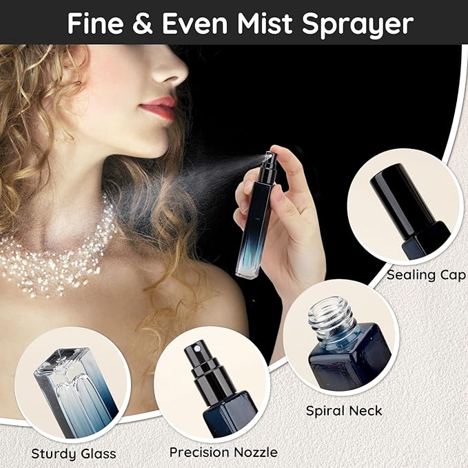 Segbeauty Travel Perfume Bottle, 5 Pack of 10ML Empty Refillable Glass Atomizer, Portable Cologne Dispenser Spray Bottle Travel Size Sample Bottles Sprayer Making Kit Gradient Blue-Velvo Beauty