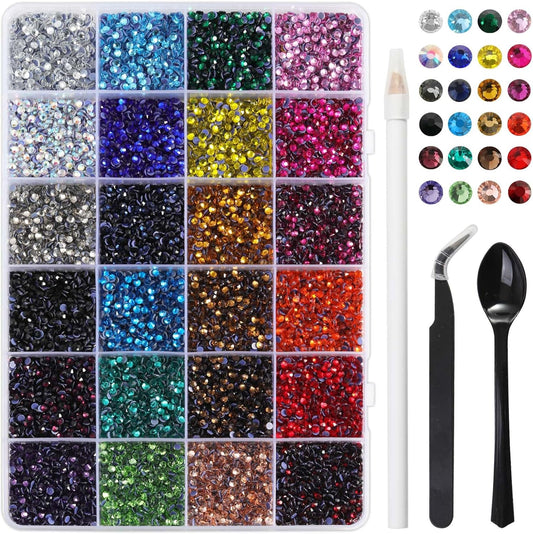 Hotfix Rhinestones Mixed 24 Colors, SS6 Rhinestones for Crafts Clothes, Hotfix Crystals with 1 Tweezers, 1 Wax Pencil and 1 Spoon-Velvo Beauty