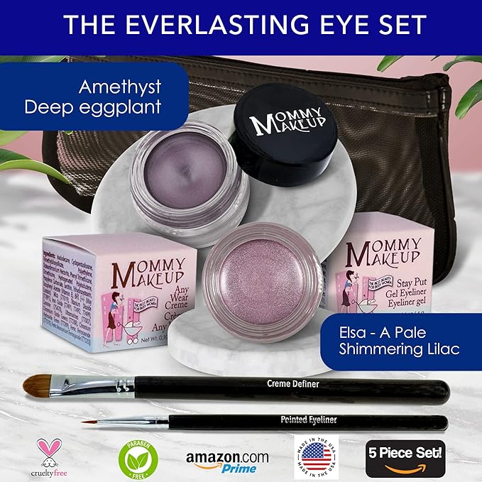 The Everlasting Eye 5 Piece Waterproof Makeup Set. Gel Eyeliner, Creme Eyeshadow, 2 brushes and Mesh Bag. Paraben-free, Talc-free, Cruelty-free. Elsa/Amethyst 1106-Velvo Beauty