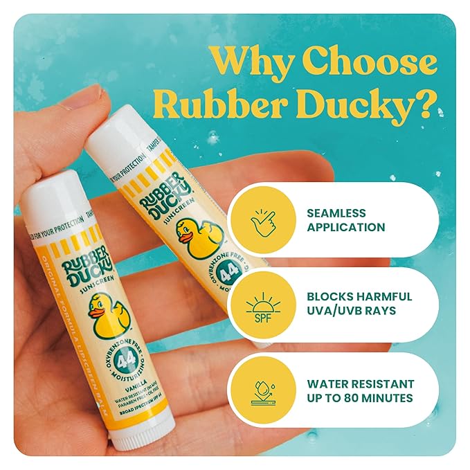 Rubber Ducky Lip Sunscreen SPF 44, Kids Vegan Lip Balm with Vitamin E, UV Protection, Water Resistant, Untinted, Vanilla Flavor, Broad Spectrum-Velvo Beauty