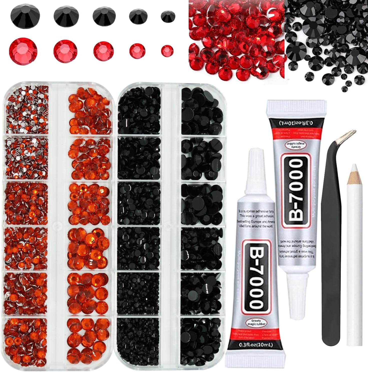 Black and Red Rhinestones with Glue(S8-S30) for Bedazzling,2mm-6mm Non-Hotfix Flatback Nail Gems Beads with B7000, Resin Nail GemsStones Diamond Kit for Bedazzle Crafting, Nails DIY Art Decoration-Velvo Beauty