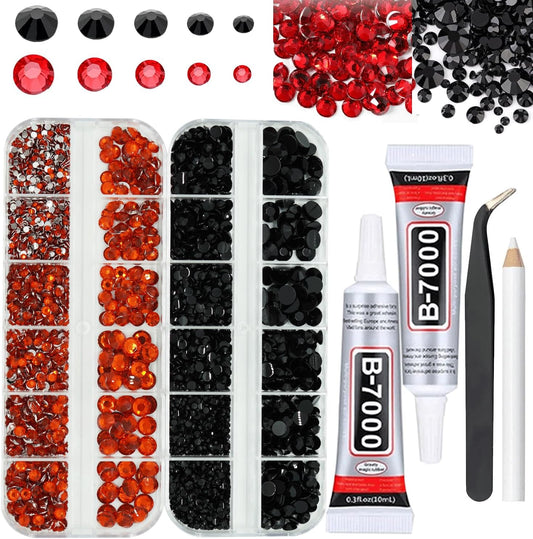 Black and Red Rhinestones with Glue(S8-S30) for Bedazzling,2mm-6mm Non-Hotfix Flatback Nail Gems Beads with B7000, Resin Nail GemsStones Diamond Kit for Bedazzle Crafting, Nails DIY Art Decoration-Velvo Beauty
