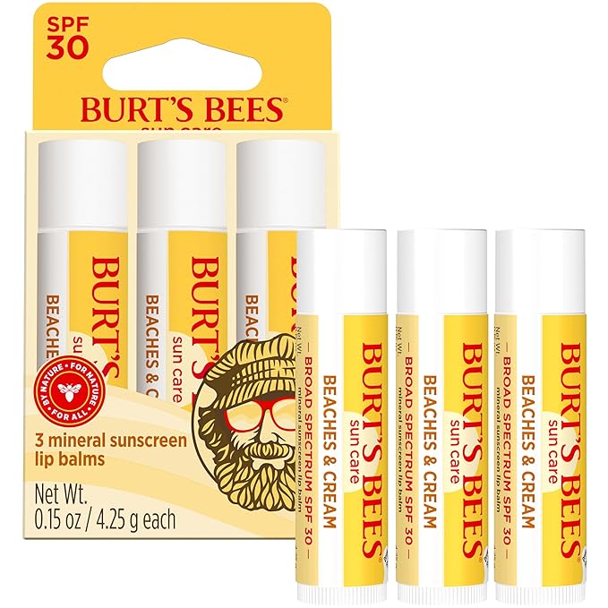 Burt’s Bees SPF 30 Lip Balm Mothers Day Gifts for Mom, Beaches and Cream, Water-Resistant Sun Care, Nano-Free Zinc Oxide Formula, Natural Origin Conditioning Lip Treatment, 3 Tubes, 0.15 oz.-Velvo Beauty