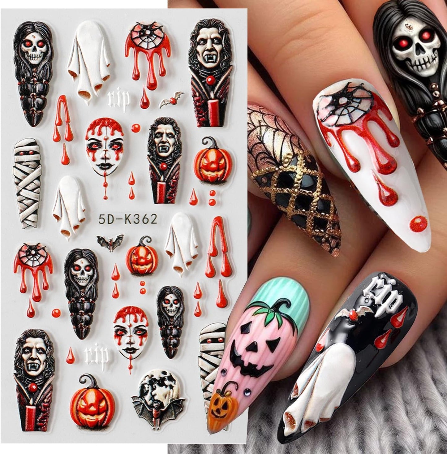 2 Sheets Halloween Nail Art Stickers 5D Embossed Horror Ghost Nail Stickers Big Red Lips Pumpkin Devil's Flame Eye Bat Design Terror Spider Mummy Nail Decals for Women Acrylic DIY Nail Decorations-Velvo Beauty