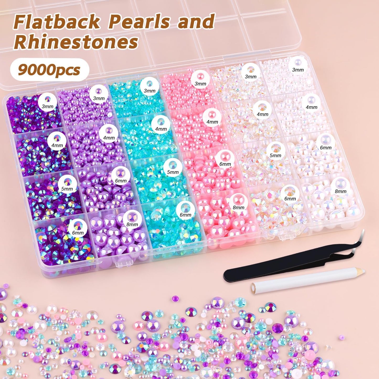 9000PCS Flatback Pearls and Rhinestones for Crafting, Pink Purple Mixed Size 3-10mm Resin Rhinestones and Half Pearls for Bedazzling, Nail Art and Decoration with Tweezer and Pickup Pencil-Velvo Beauty