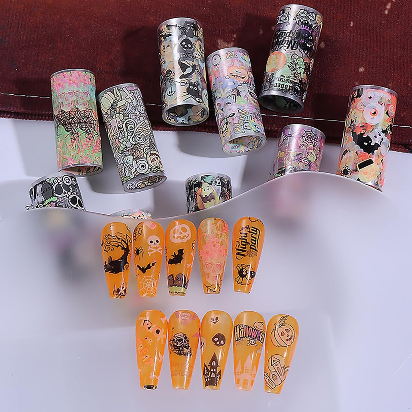 Halloween Nail Foil Transfers Stickers 10 Rolls Cartoon Design Halloween Nail Art Foils Decals Ghost Pumpkin Spider Bat Nail Transfer Foil Cute Nails Supplies Set for Women DIY Manicure Decorations-Velvo Beauty