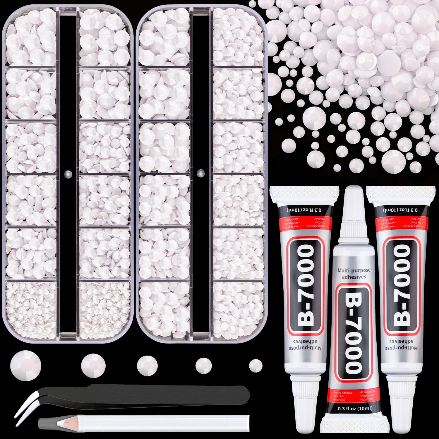 Resin Rhinestones for Crafting with B7000 Jewelry Glue, 2 Boxes White Flatback Crystals with 3Pcs 10ml Glue for Bedazzling Crafts DIY Nail Art Makeup，Non Hotfix Gems for Clothing Shoes-Velvo Beauty