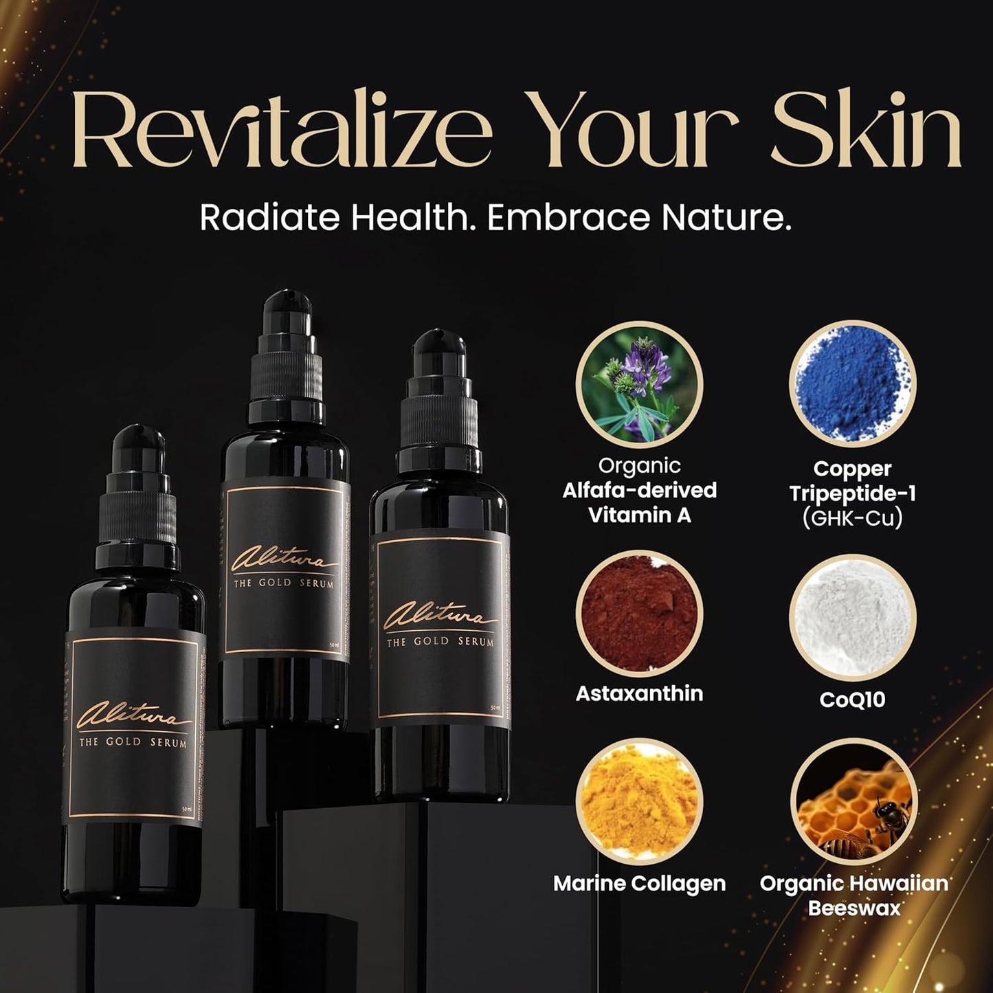 Alitura Anti-Aging Peptide & Collagen Gold Serum for Face – with Vitamin A, CoQ10 & Astaxanthin – Korean-Inspired Hydrating Serum for Wrinkles, Radiance & Firmness – 100ml-Velvo Beauty