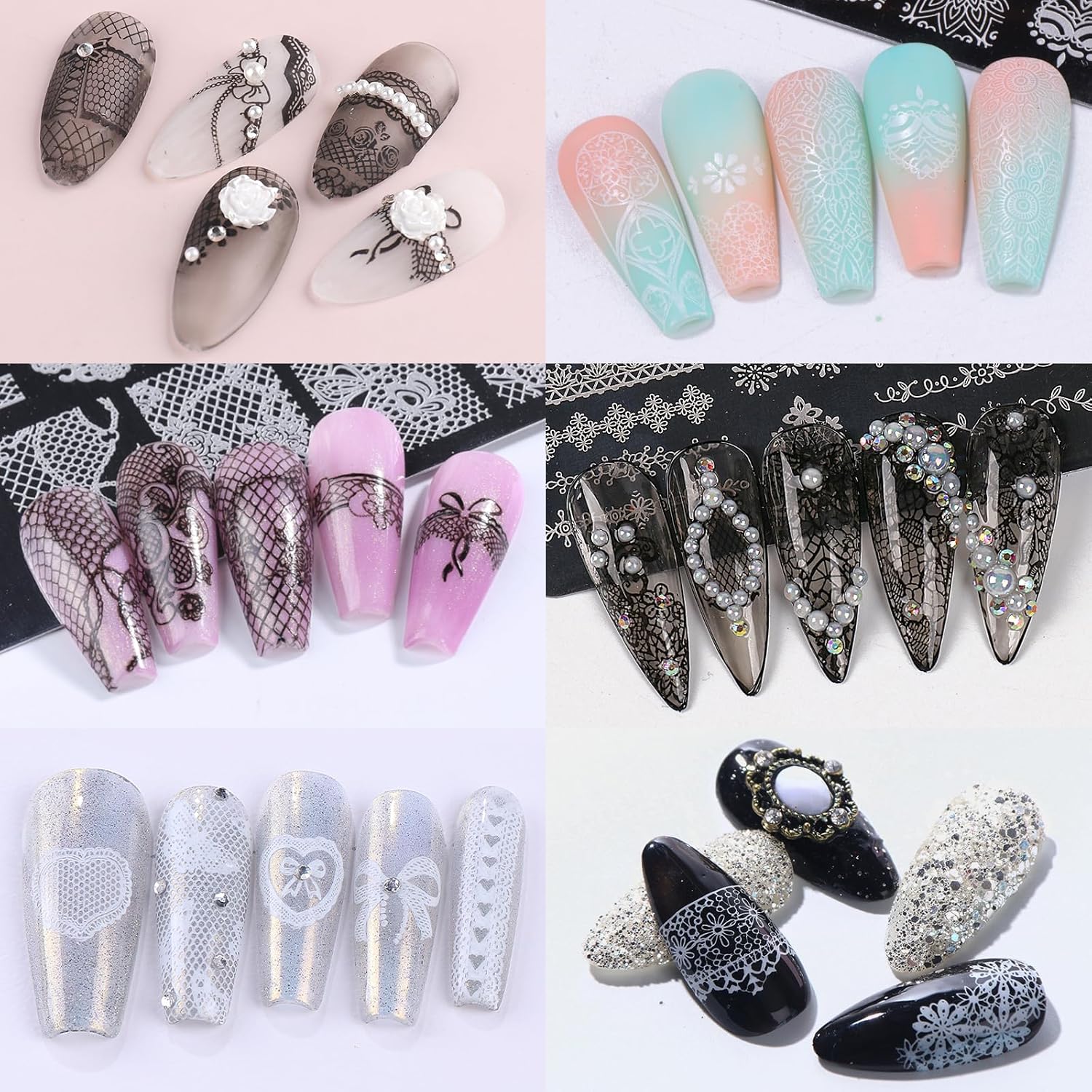 6pcs Lace Flower Design Nail Stamping Plate Kit With French Tip Nail Stamper Kit Ribbon Bow Knot Nail Stencil Reusable Stainless Steel Manicure Tool Nail Supplies for Salon DIY-Velvo Beauty