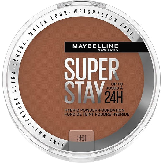 Maybelline Super Stay Up to 24HR Hybrid Powder-Foundation, Medium-to-Full Coverage Makeup, Matte Finish, 360, 1 Count-Velvo Beauty