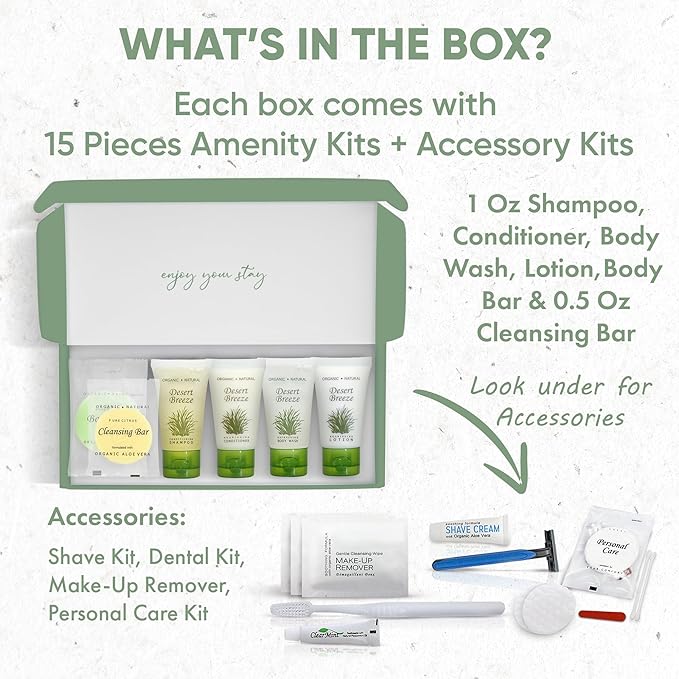 Desert Breeze Amenity & Accessory Kit | 1 oz Travel Size Shampoo, Conditioner, Lotion, Body Wash, Body Bar, Cleansing Bar, Shave & Dental Sets, Make-Up Remover Wipes, & Vanity Kit | 15 sets per case-Velvo Beauty