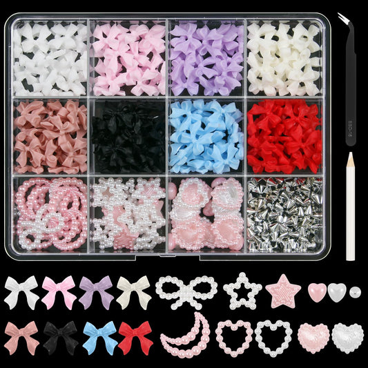 Artdone Nail Art Studs Kit, 12 grids 8 Colors 3D Charms and Pink Mix White Star Heart Moon Cute Nail Jewels for DIY Decoration-Velvo Beauty