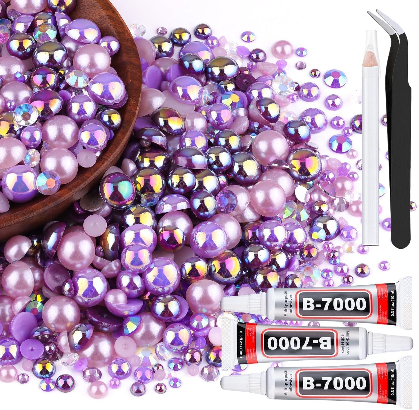 80g Flatback Pearls and Rhinestones for Crafting, Purple 3-10mm Resin Rhinestones and Half Pearls for Bedazzling, Nail Art and Dec with 3pcs 10ml B7000 Jewelry Glue, Tweezer and Pickup Pencil-Velvo Beauty