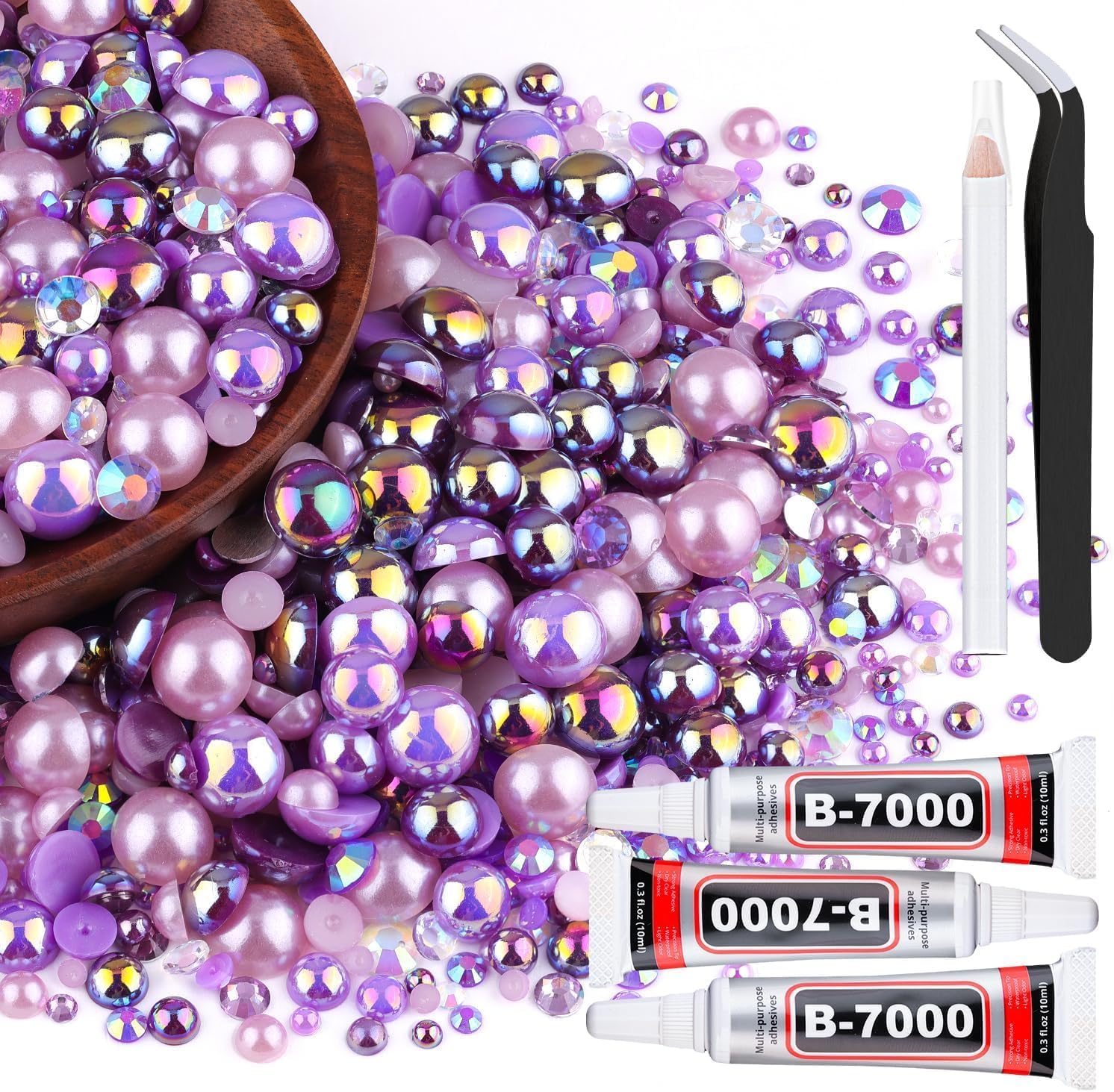 80g Flatback Pearls and Rhinestones for Crafting, Purple 3-10mm Resin Rhinestones and Half Pearls for Bedazzling, Nail Art and Dec with 3pcs 10ml B7000 Jewelry Glue, Tweezer and Pickup Pencil-Velvo Beauty