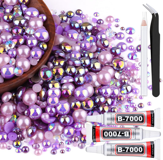 80g Flatback Pearls and Rhinestones for Crafting, Purple 3-10mm Resin Rhinestones and Half Pearls for Bedazzling, Nail Art and Dec with 3pcs 10ml B7000 Jewelry Glue, Tweezer and Pickup Pencil-Velvo Beauty