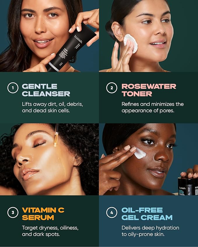 Buttah Skin Supreme Kit for Melanin Rich Skin | Oil-Free Hyaluronic Gel Cream 2 oz | Vitamin C Serum 1 oz | Cleanser 3.4 oz | Rosewater Toner 3.4 oz | Black Owned Skincare-Velvo Beauty