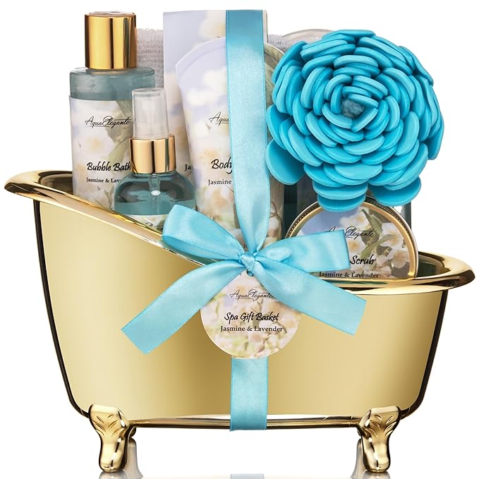 Spa Gift Baskets For Women - Luxury Bath Set With Jasmine & Lavender - Spa Kit Includes Body Wash, Bubble Bath, Lotion, Bath Salts, Body Scrub, Body Spray, Shower Puff, and Towel-Velvo Beauty
