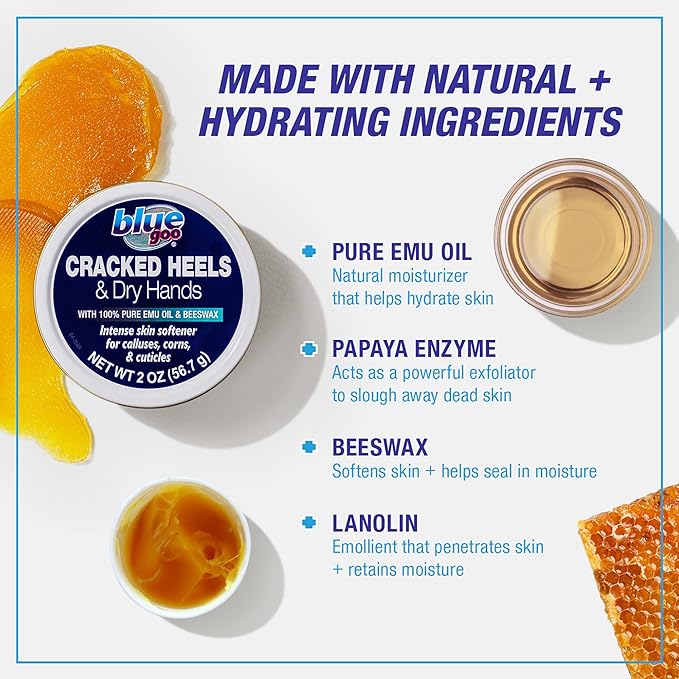 Blue Goo CRACKED HEELS & DRY HANDS Skin Softener for Dry Feet, Hands, Hydrating and Smoothing, Moisturizer, Dryness Relief, 2 Ounce, made with 100% PURE EMU OIL-Velvo Beauty