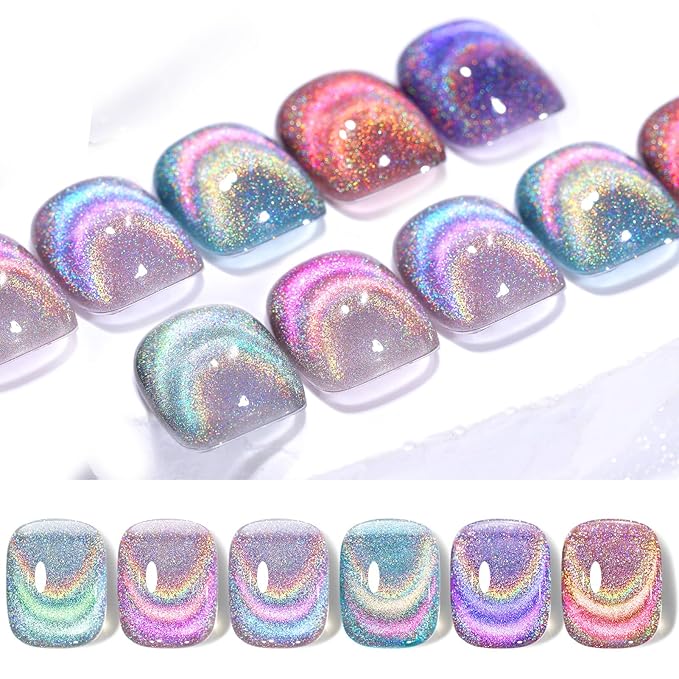Born Pretty Magnetic Gel Nail Polish Holographic Glass Cat Magnetic Eye Gel Polish Nail Gel Soak Off Nail Art Salon Manicure Collection Gift 6pcs-Velvo Beauty