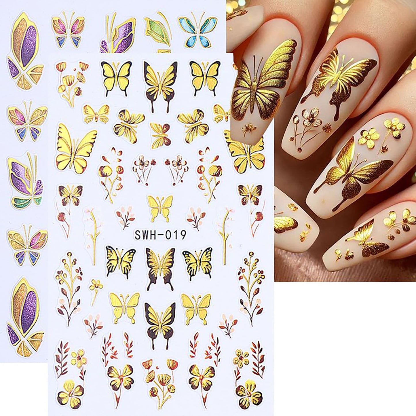 Butterfly Nail Art Stickers Gold Butterflies Nails Art Decals 3D Self-Adhesive Nails Sticker Holographic Spring Decal Decoration for Women Blue Butterfly Manicure Stickers DIY Nail Supplies-Velvo Beauty