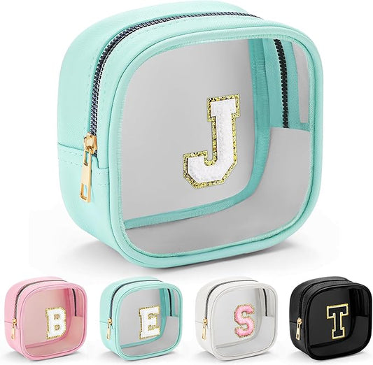 YOOLIFE Initial Make Up Bag Travel Toiletry Bag, Clear Makeup Bag Preppy Cosmetic Bags Small Makeup Bag Travel Essentials Gifts for Women Teen Girlfriend Teacher Mom Birthday Gifts Makeup Pouch Blue J-Velvo Beauty