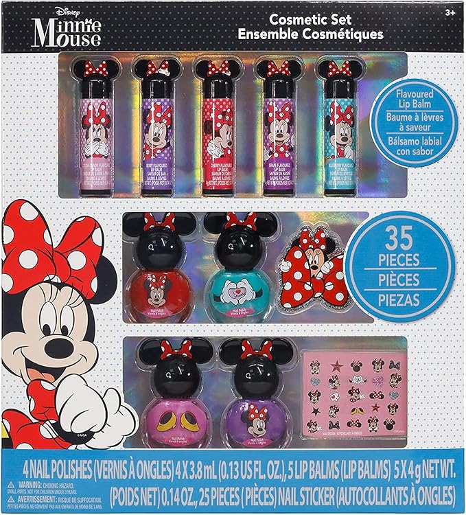 Townley Girl Disney Minnie Mouse Sparkly Cosmetic Makeup Set for Girls with Lip Balm Nail Polish Nail Stickers-35 Pcs|Perfect for Parties Sleepovers Makeovers|Birthday Gift for Girls above 3 Yrs, Kid-Velvo Beauty
