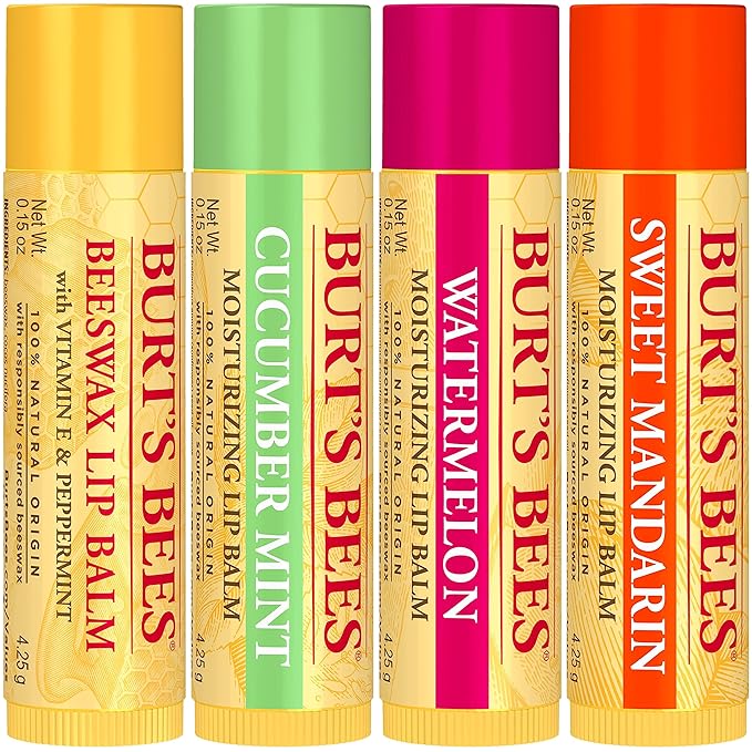 Burt's Bees Lip Balm - Original Beeswax, Cucumber Mint, Watermelon & Sweet Mandarin, With Responsibly Sourced Beeswax, Tint-Free, Natural Origin Treatment, 4 Tubes, 0.15 oz.-Velvo Beauty