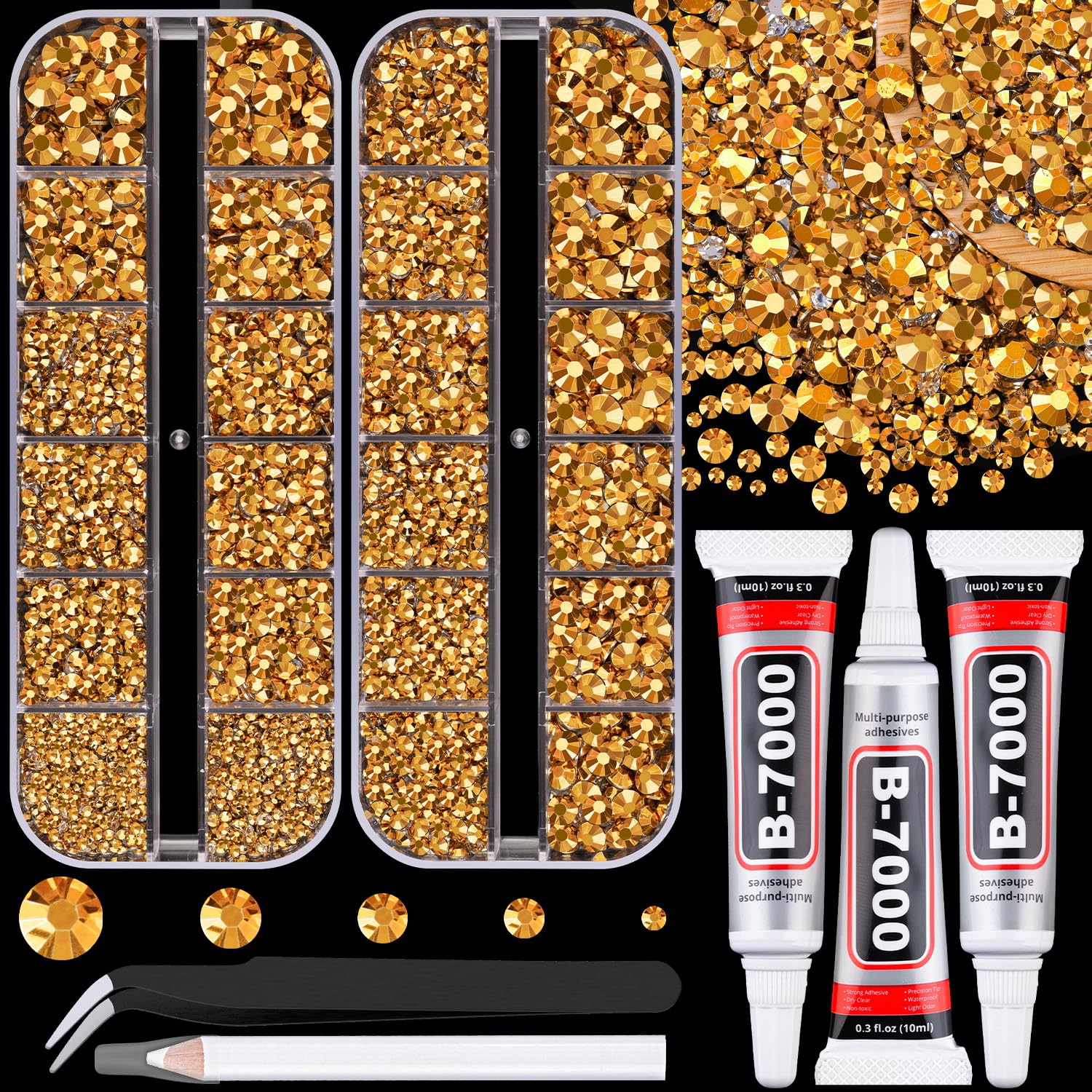 Resin Jelly Rhinestones for Crafting with B7000 Jewelry Glue, 2 Boxes Gold Flatback Crystals with 3Pcs 10ml Glue, Bedazzling Non Hotfix Gems for DIY Tumblers Clothing Shoes Manicure-Velvo Beauty