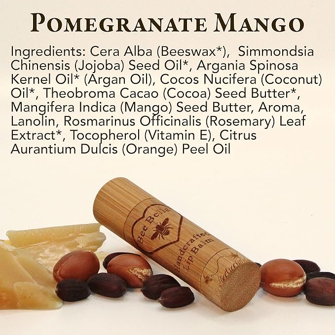Bee Bella Lip Balm, Pomegranate Mango, 3 Pack - Moisturizing Lip Care, 100% Natural, Original Organic Beeswax with Vitamin E, Handmade in USA-Velvo Beauty