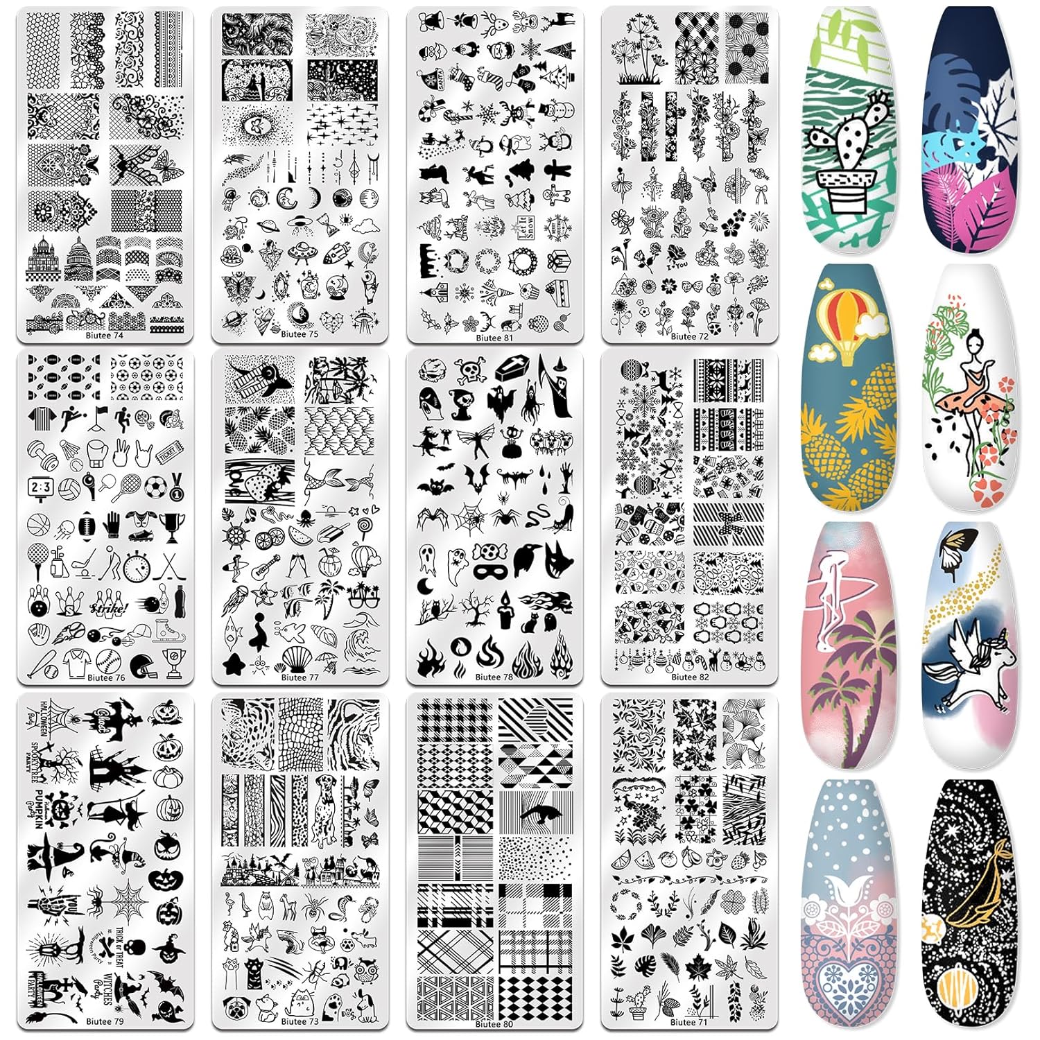 Biutee Nail Stamper Kit Nail Art Stamping Plate Set 8 Stamping Nail Polish Gel 12 Stamp Plate Jelly Silicone Stamper Flower Animal Lace Girl Star Rose Love Template Tool Supplies Halloween Design-Velvo Beauty