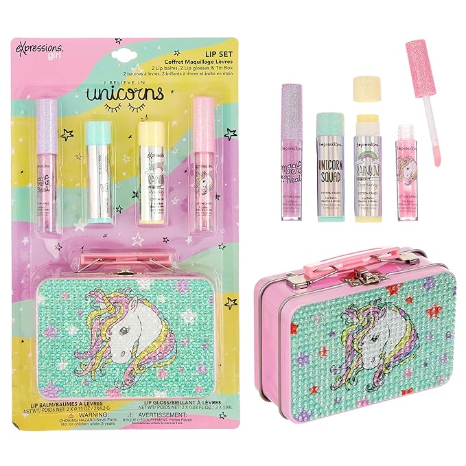 Expressions 5pc Cosmetics Lip Kit For Kids w/Lip Glosses, Lip Balms & Tin Box Storage Case I Believe in Unicorns Rhinestone,Washable + Non Toxic-Velvo Beauty