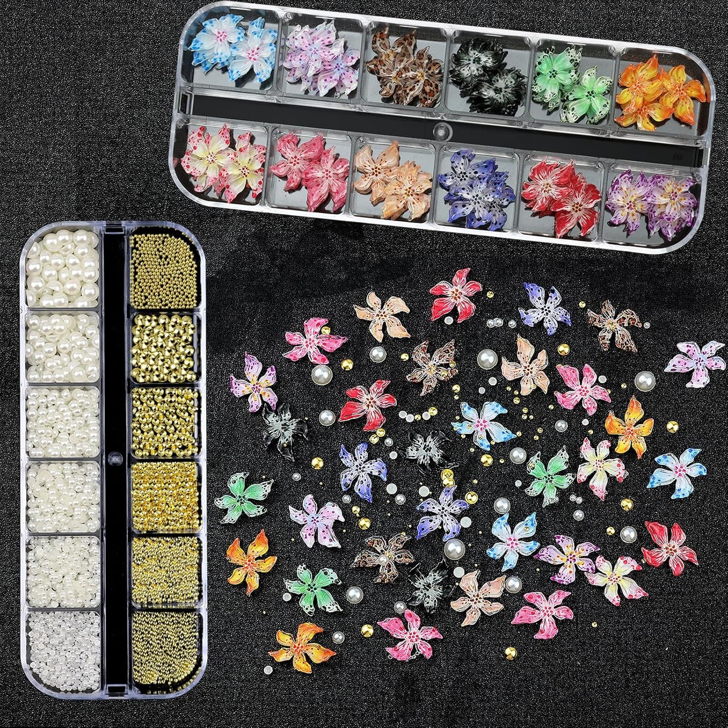 Flower Nail Art Charms with Rhinestones Glue Gel Cream Flatback Pearls Luxurious Nail Gems Supplies Accessories Gold Silver Nails Decoration Pearls for Women Nails Design-Velvo Beauty