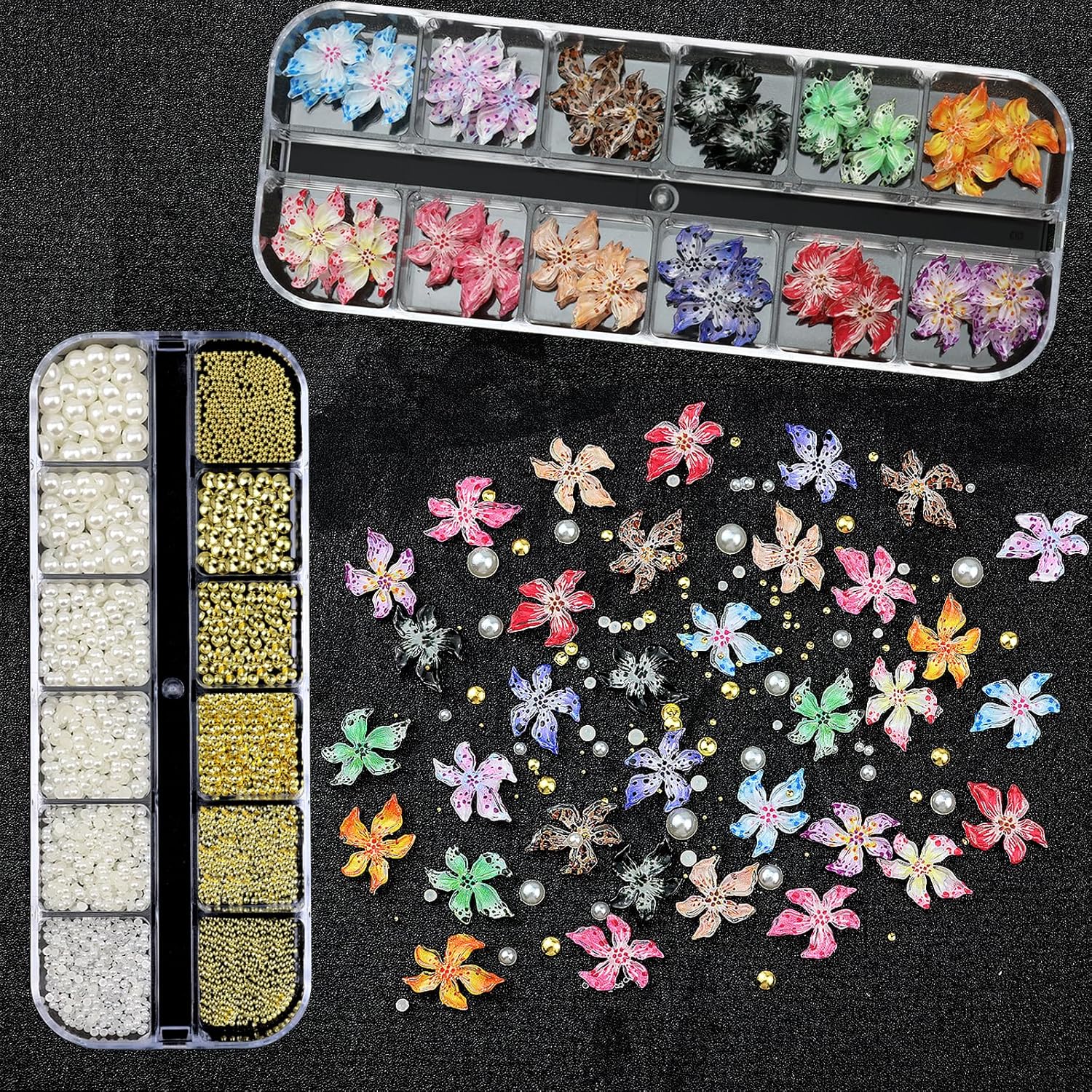 Flower Nail Art Charms with Rhinestones Glue Gel Cream Flatback Pearls Luxurious Nail Gems Supplies Accessories Gold Silver Nails Decoration Pearls for Women Nails Design-Velvo Beauty