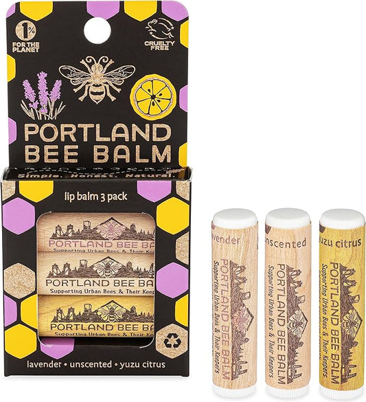 Portland Bee Balm All Natural Handmade Beeswax Based Lip Balm Unscented, Yuzu Citrus and Lavender Assortment 3 Count-Velvo Beauty