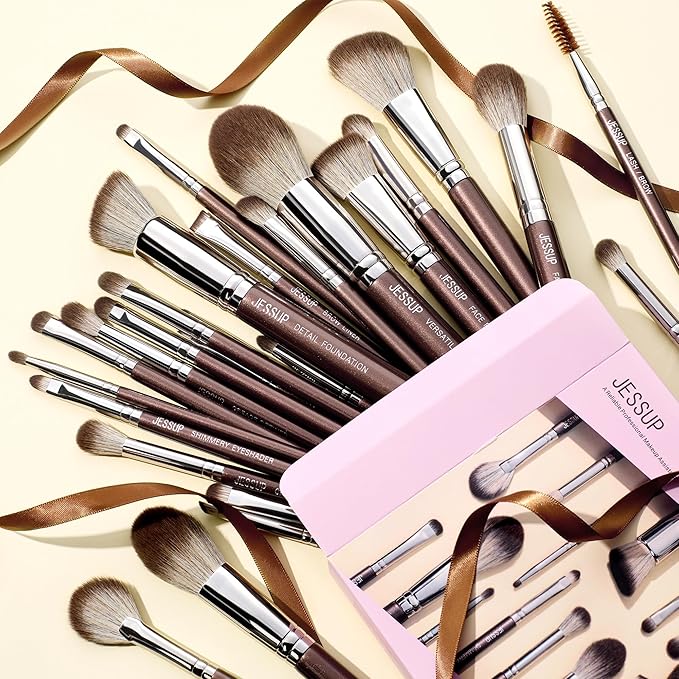 Jessup Makeup Brushes Set Professional 25pcs Premium Synthetic Make up Brushes for Foundation Eyeshadow Blending Concealer Blush Contour Bronzer Eyeliner Eyebrow, Shimmer Brown T511-Velvo Beauty