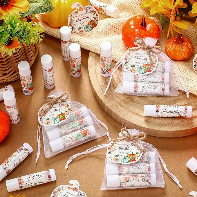 Demissle 50 Pcs Baby Shower Lip Balm Gift Set with 100 Pcs Organza Bags Baby Shower Party Favor for Guest Thank You Tag Rope Baby Shower Party Decoration Gender Reveal Souvenirs (Pumpkin and Flowers)-Velvo Beauty