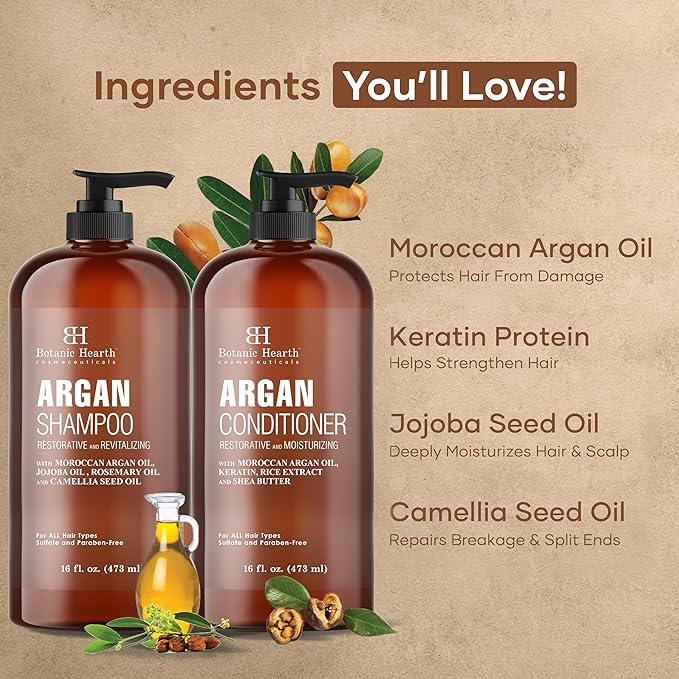 Botanic Hearth Argan Oil Shampoo And Conditioner Set | 16 Fl Oz Each With Keratin, Restorative & Moisturizing, Sulfate Free | All Hair Types & Color Treated Hair, Men And Women | (Packaging May Vary)-Velvo Beauty