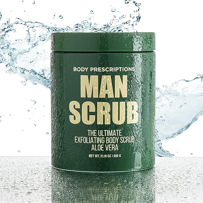 Body Prescriptions Men’s Exfoliating Body Scrub – Ultimate Skin Cleansing Wash in Jar with Twist-Top Lid, For All Skin Types, 21 Ounce (Pack of 4), Aloe Vera-Velvo Beauty